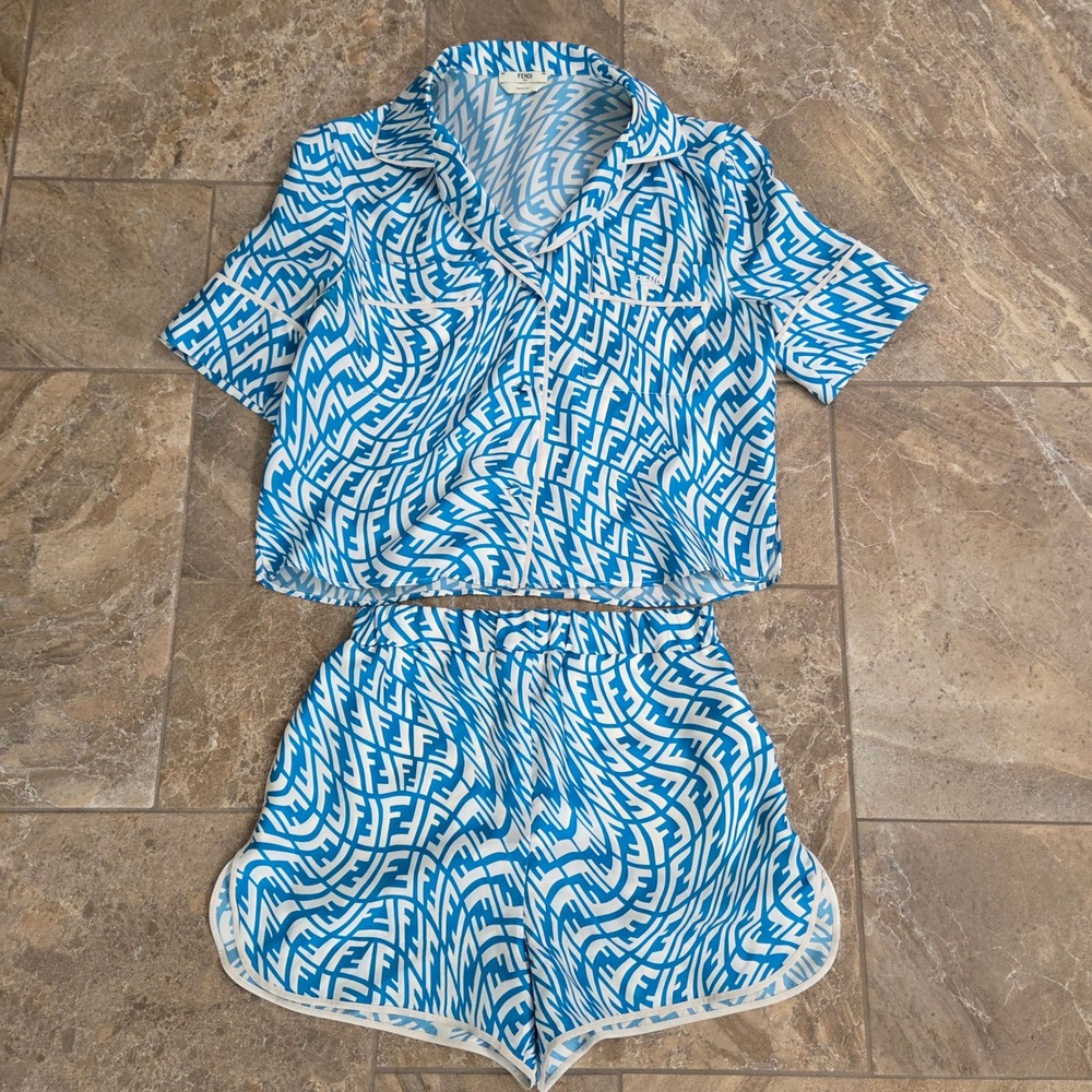 Fendi Vertigo FF Monogram Silk Pajama Set Blue White FE5074 AG7Z IT 38 US 2